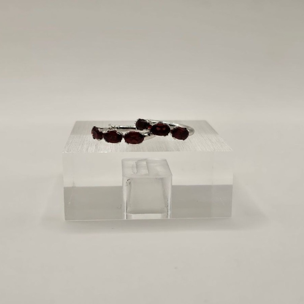 10k White Gold Genuine Garnet Hoop Earrings - Picture 4 of 6